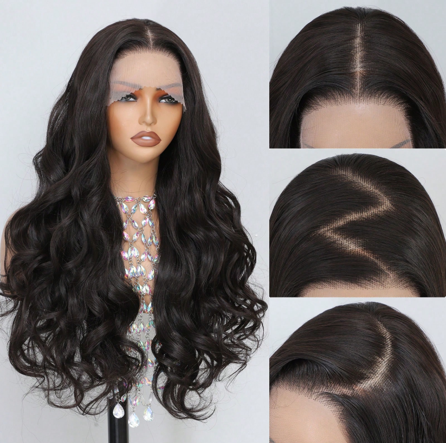 Natural Black Color 26Inch 13X6 Transparent Lace Front Wig With Baby Hair For Women Body Wave Synthetic Heat-Resistant Wig