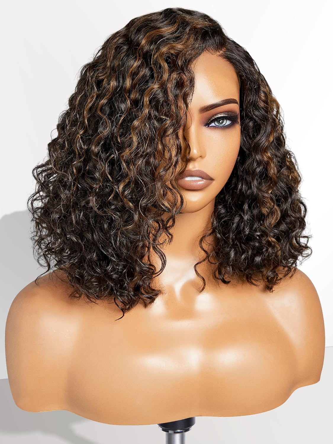 Curly Bob Glueless with Blonde Highlights Wigs Human Hair